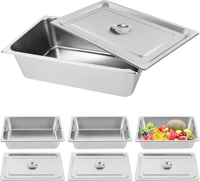 4 Pack Hotel Pan 5.9-Inch Deep Steam Table Pan with Lid 21.26 L x 12.6 W Hotel Pans Stainless Steel Pans Restaurant and Commercial Steam Tables