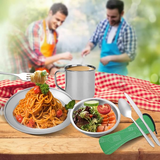 Stainless Steel Camping Cutlery Set - 8 Piece Includes Spoons Mugs Bowls Plates Rags &amp Organizer Straps - Easy to Carry for Backpacking Camping Hiking and Picnics