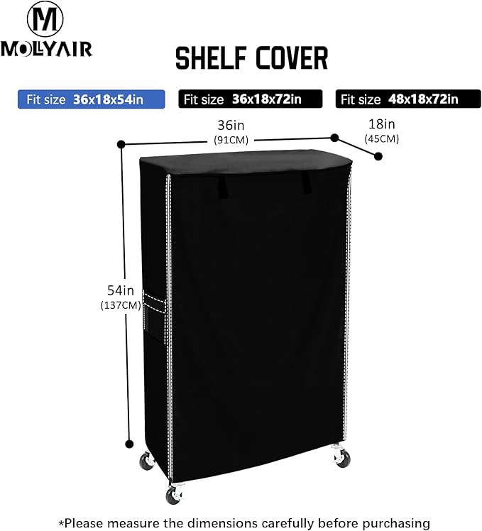 Heavy Duty 600D Oxford Wire Shelving Cover - 36 W x 18 D x 54 H - Water-Resistant Dustproof Storage Rack Protector with Dual Zippers and Secure Buckles Black