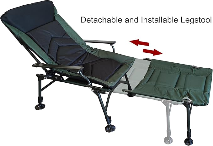 Camping Lounge Chair with Detachable Footrest Portable Folding Reclining Camping Chair with Adjustable backrest for Indoor and Outdoor Camping Beach Hiking Fishing Green+Black