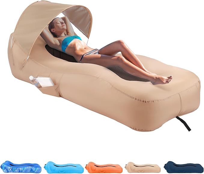 Inflatable Lounger Air Sofa with Unique Sun-Shade Design Inflatable Beach Bed with Pillow Waterproof Inflatable Couch Camping Chair Hammock for Hiking Backyard Travel Beach Park Picnics