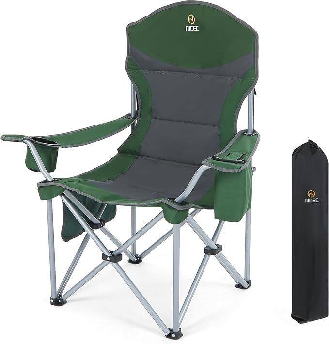 Nice C Camping Chair Portable Chair Lawn Chairs Outdoor Chairs with Armrest Cooler Bag Cup Holder Side Pocket for Camping Traveling Picnic (Green&ampGrey 1-Pack)