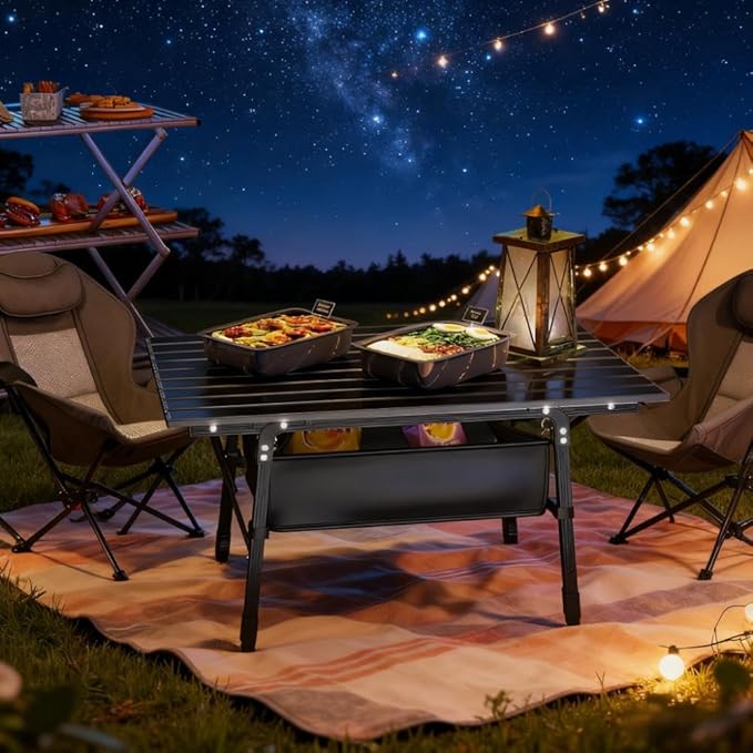 JVV Portable Camping Table Aluminum Black Folding with Storage Bag Adjustable Height 17.7-26 Inches 35.4x21.7 Inches for Outdoor Picnic BBQ