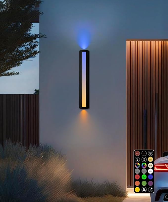 RGB Outdoor Wall Lights 23.6” LED Long Exterior Porch Sconce Lights Wall Mount Up and Down Patio Lighting Fixtures with Remote Control for House Garage 1 Pack