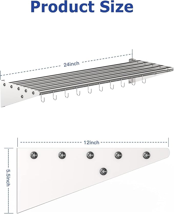 Floating Shelves for Wall NSF Commercial Wall Shelf 12 x 24 Shelf Pot Rack with Backsplash &amp 10 Hooks Stainless Steel Floating Shelves for Hanging Pots Pans Cookware
