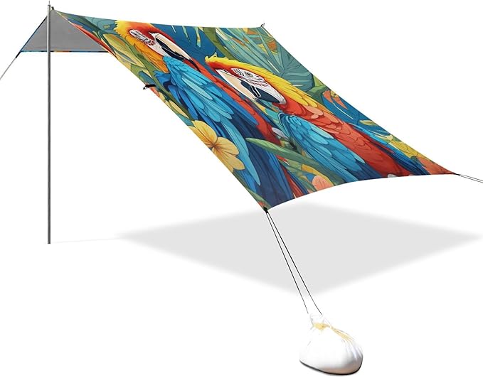 Macaw Pattern Beach Tent Sun Shelter 9.2' x 10.5' Beach Canopy with 4 Sandbags 4 Stability Poles Sand Shovels - Tent Canopy for Beach Camping Fishing Picnics