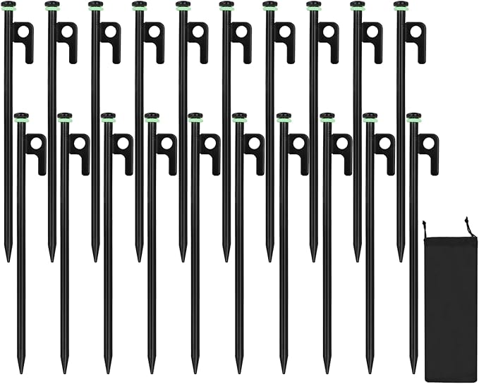 20Pcs Tent Stakes 12in/16in Heavy Duty Tent Stakes 0.35 Dia. Forged Steel Stakes Heavy Duty for Tent Used on Rocks Snowfield(20Pcs 12in Stakes)