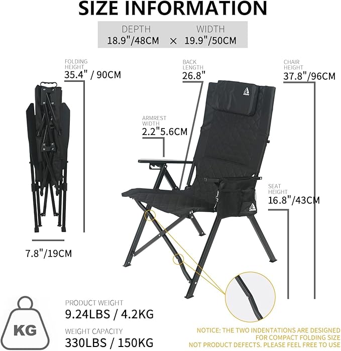 Aluminum Reclining Camping Chair Heavy Duty Folding Lawn Chairs with 4-Stage Adjustable High Back for Adults Compact Foldable Outdoor Patio Reclining Chair (Black 1 Pack)