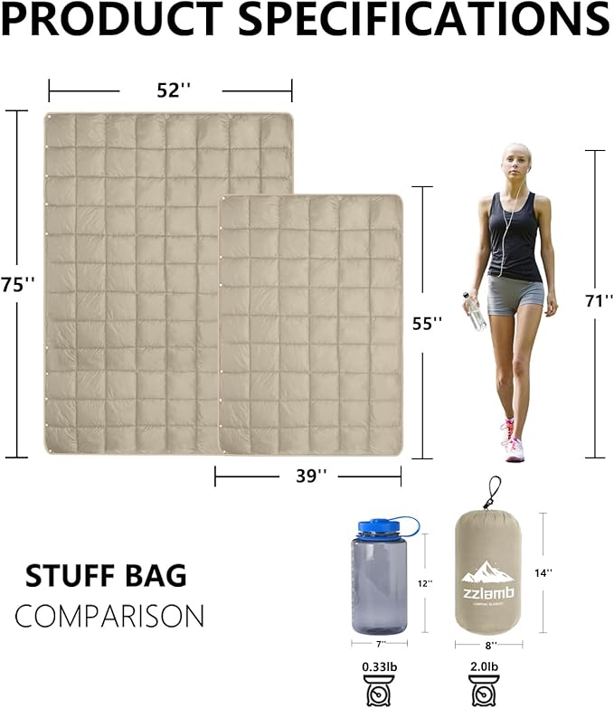 zzlamb Camping Blanket Compact Lightweight Soft Puffy Blanket Water-Repellent Packable Warm Quilt Down Alternative Picnic Hiking Backpacking Beach Travel RV Airplane Couch Car