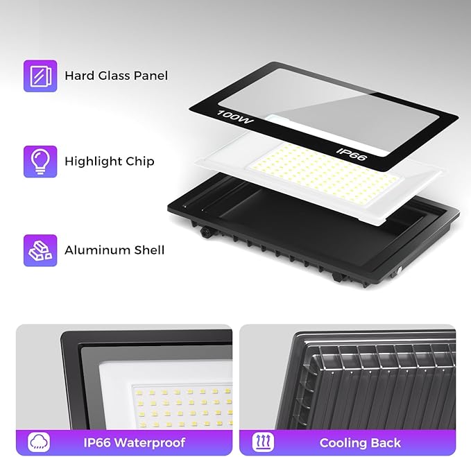 4 Pack 100W LED Flood Light Outdoor with Plug IP66 Waterproof Exterior Security Floolights 12000LM Super Bright LED Work Light 5000K Daylight White Floodlights for Yard Stadium Patio Playground