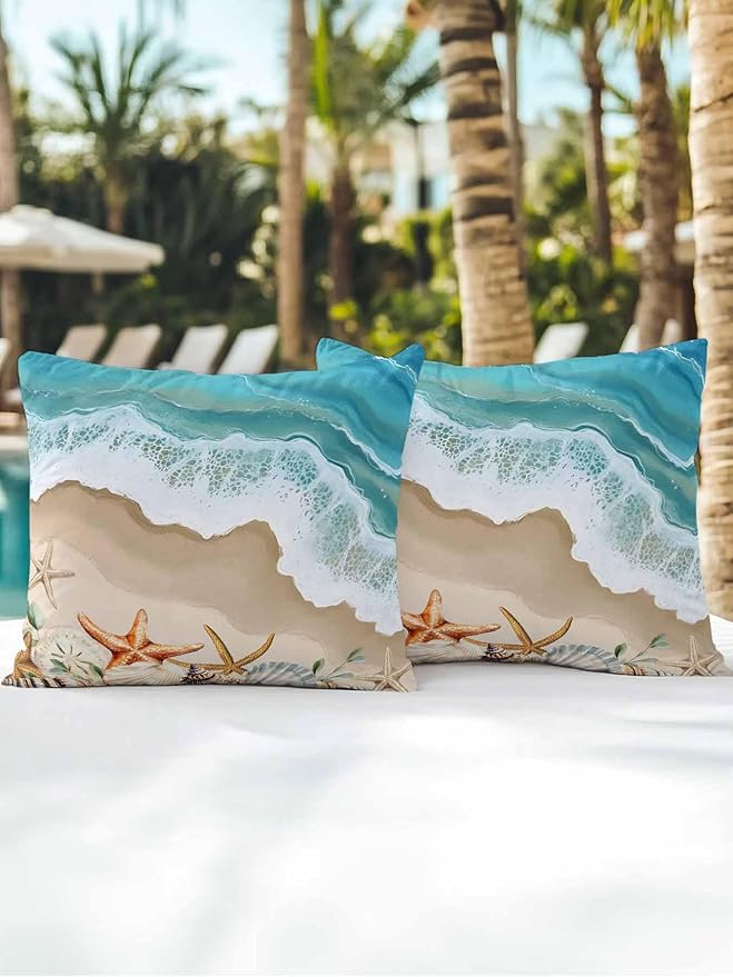 Outdoor Pillows Waterproof Coastal Beach Ocean Bedding Throw Pillows with Insert for Couch Sofa Bed Nautical Starfish Shells Conch 16x16 Inch Pillowcases Camping Patio Pillow Set of 2