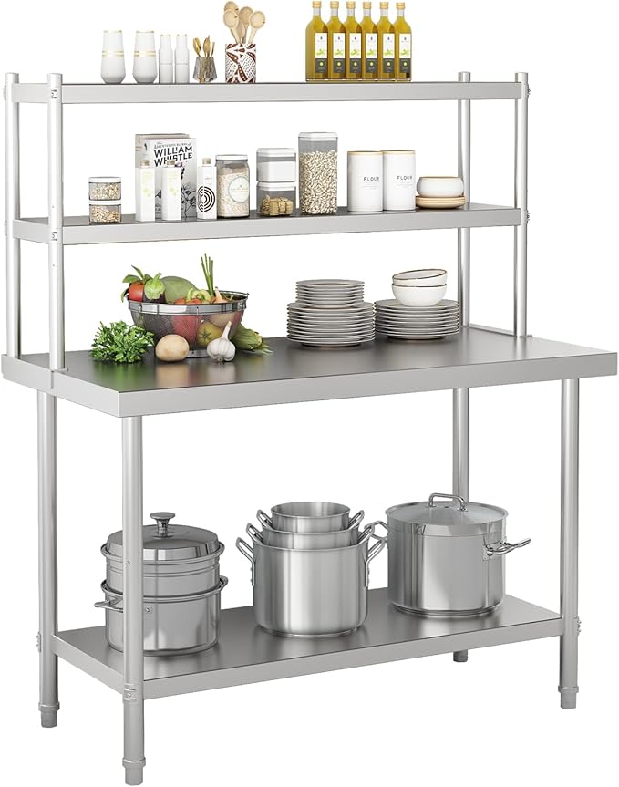 2-Tier Stainless Steel Commercial Work Table 47.2 W x 23.6 D x 31.5 H with Overshelf Heavy Duty Kitchen Prep Table for Restaurant Home Kitchen Garage Warehouse