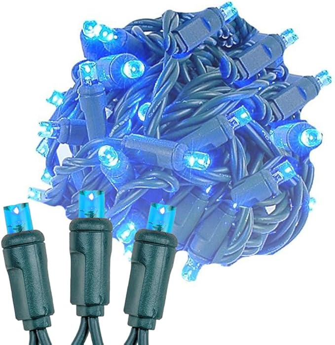 Novelty Lights 25ft 50 LED Blue Christmas Lights Outdoor/Indoor 6 Spacing Green Wire String Lights for Festive Xmas Lighting IP55 UL Listed Dimmable Connectable