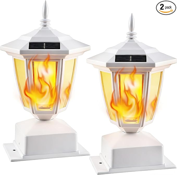 Dynaming 2 Pack Solar Flame Post Lights Outdoor Solar Powered Lamps Fence Post Cap Lights Flickering Flame LED Lantern Waterproof for Garden Deck Patio Fit 4x4 5x5 or 6x6 Wooden Posts White Shell