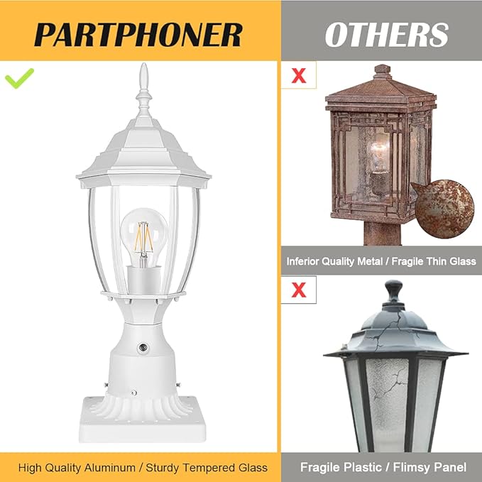 PARTPHONER Dusk to Dawn White Outdoor Post Light with Pier Mount Base Waterproof Pole Lantern Light Fixture Exterior Lamp Post Lantern Head with Clear Glass Panels for Garden Patio Pathway