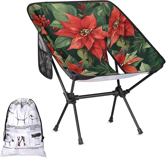 Portable Camping Chair Holly Berry Flowers Ultralight Folding Camping Chair Christmas Flowers Backpacking Hiking Chair with Cup Holder for Outdoor Travel Beach Picnic Festival 176 lbs Capacity