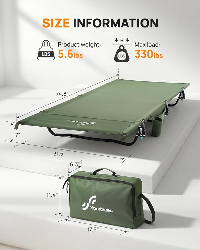Sportneer Camping Cot 31.5'' Extra Wide Army Green Compact Folding Cot with Side Pocket &amp Carry Bag Lightweight Portable Outdoor Bed for Adults Camping Home Travel