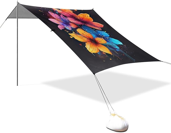 Watercolor Flower Design Beach Tent Sun Shelter 9.2' x 10.5' Beach Canopy with 4 Sandbags 4 Stability Poles Sand Shovels - Tent Canopy for Beach Camping Fishing Picnics