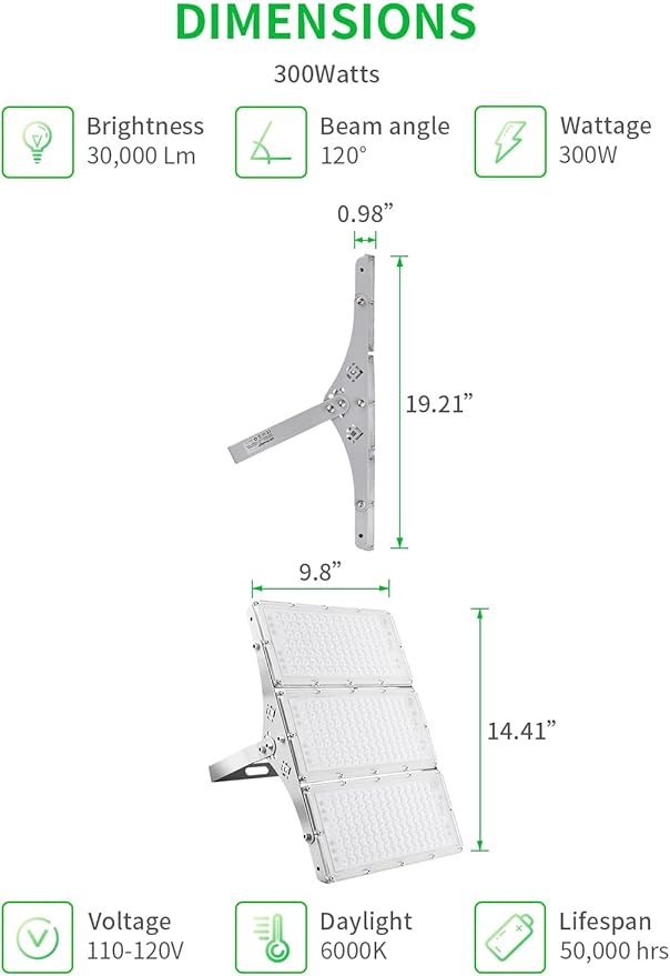 Viugreum 300W LED Flood Light 24000LM Super Bright Outdoor Work Stadium Lights 6000K Daylight White 1500W Halogen Equivalent IP66 Waterproof Security Floodlight for Garage Garden Lawn Yard