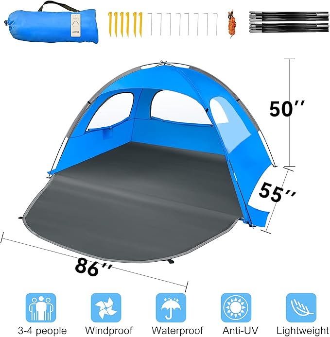 MIRUS Beach Tent 2-3 Person Sun Shade Shelter with UPF50+ Protection Extended Floor &amp 3 Ventilating Roll Up Windows Carrying Bag Stakes and Tiedown Strings | Extended Floor Carrying Bag Stakes