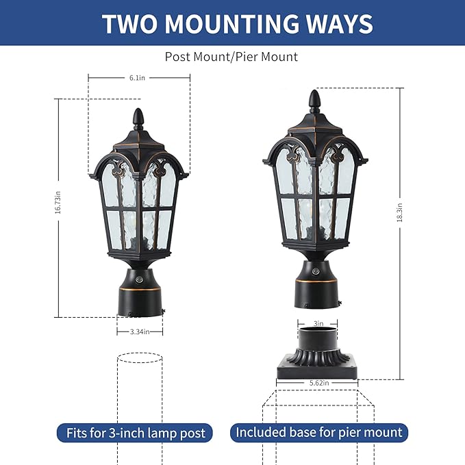 LONEDRUID Dusk to Dawn Outdoor Lamp Post Lights Waterproof Exterior Pole Lantern Lighting Fixtures with 3-Inch Pier Mount Base for Garden Patio Yard Pathway Driveway