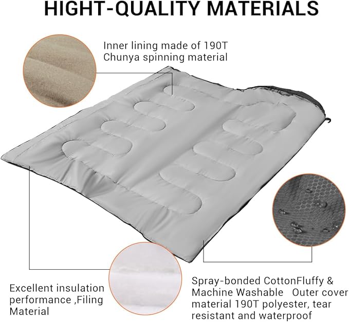 Double Sleeping Bag for Adults CampingBring Pillow XL Queen Size Sleeping Bags for 2 Person Hiking Backpacking Lightweight Waterproof with Compression Sack