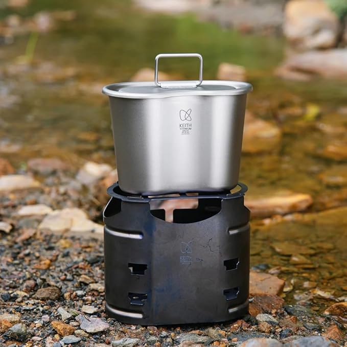 Keith Titanium Ti3061 Pro Plastic-Free Canteen Mess Kit with Stove – Grade 1 Titanium Cookset 37 oz Bottle 24 oz &amp 13.5 oz Cups Custom MOLLE Field Carry Case with Premium Zippered Pouches