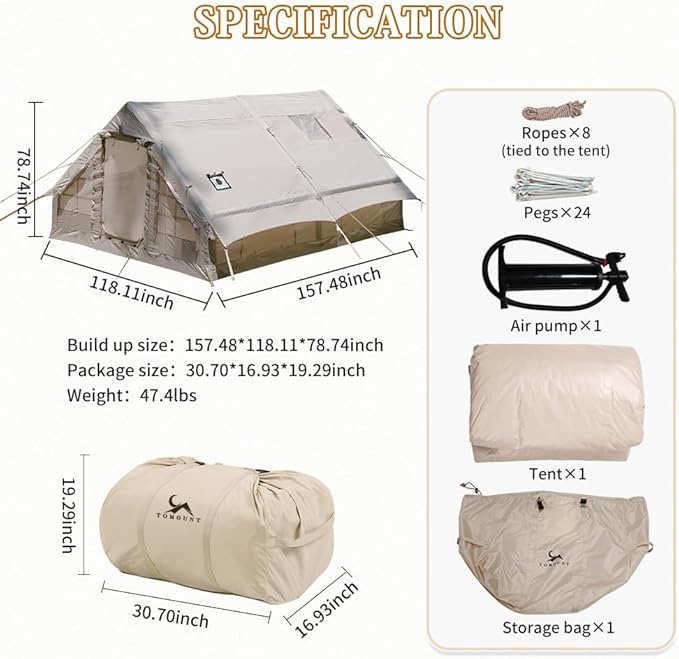 TOMOUNT Inflatable Camping Tents Air Glamping Tents 4 Season Waterproof Easy Set up Cabin House Tent Blow up Tent for Family Camping