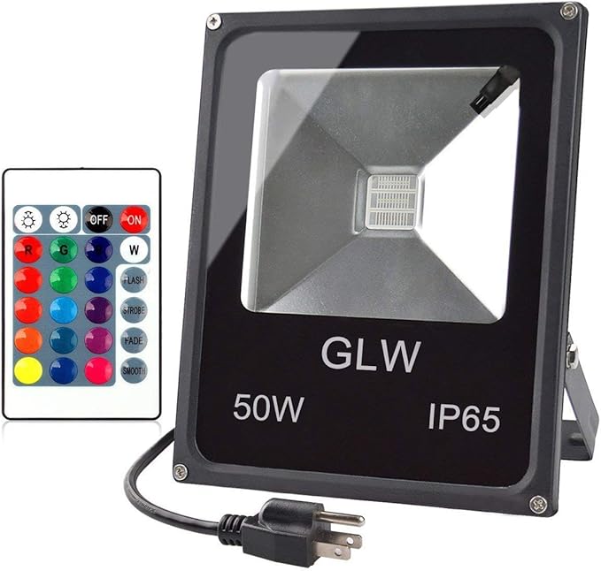 RGB LED Flood Lights50W Outdoor Super Bright SpotlightHigh Power 16 Colors Remote Control Floodlight4 Modes with US 3-PlugIP65 Waterproof Spotlight for StageYard