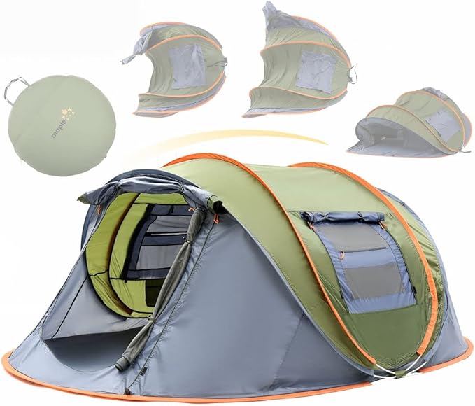 4 Person Pop Up Tent for Camping - Lightweight &amp Portable Easy Quick Set-Up 2 Doors Lantern Hook Storage Pockets Carry Bag for Outdoor Hiking Travel