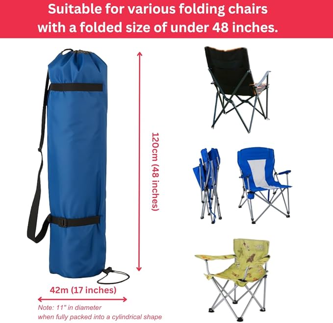 Heavy Duty Camping Chair Replacement Bag with Side Pocket Camp Cover Bags for Carrying Folding Chairs - 48 X 11 Inches Durable 600D Oxford Fabric Extra Wide Mouth Adjustable Strap for Carry (Blue)