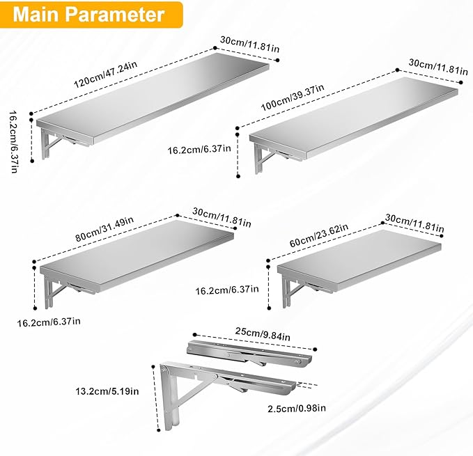 Folding Wall Shelf 31.5 x 12 Stainless Steel Wall Mounted Folding Table 110lb Capacity Floating Concession Shelf for Food Trucks Trailer Windows Kitchen Restaurant Garage Utility Room