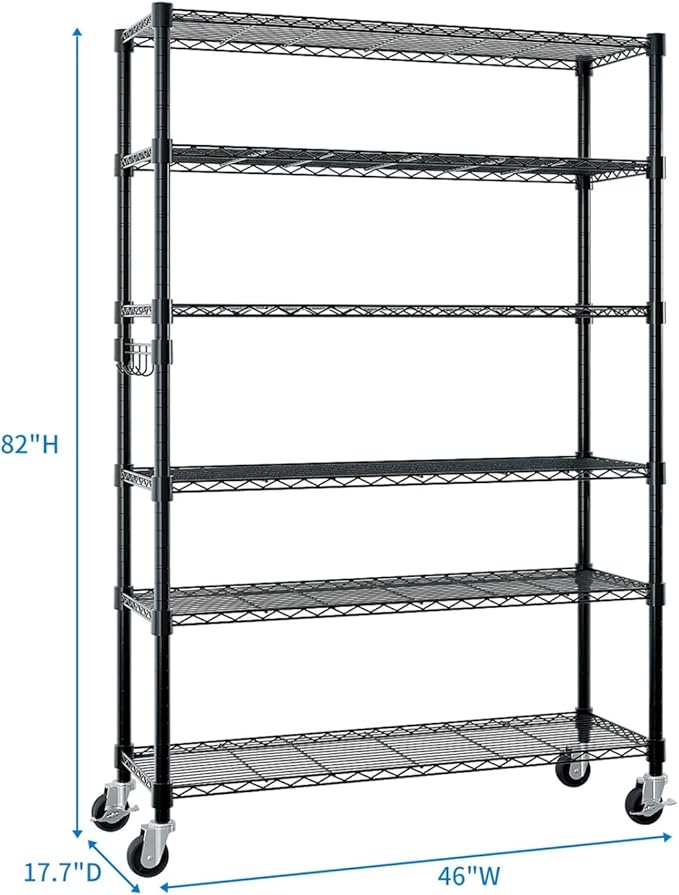 6-Story Storage Rack Adjustable Heavy-Duty Steel Wire Rack With Wheels/Leveling Feet Suitable For Garages Kitchens Laundry Rooms And Basements (Black 46.06 Inches X 17.71 Inches X 81.88 Inches)
