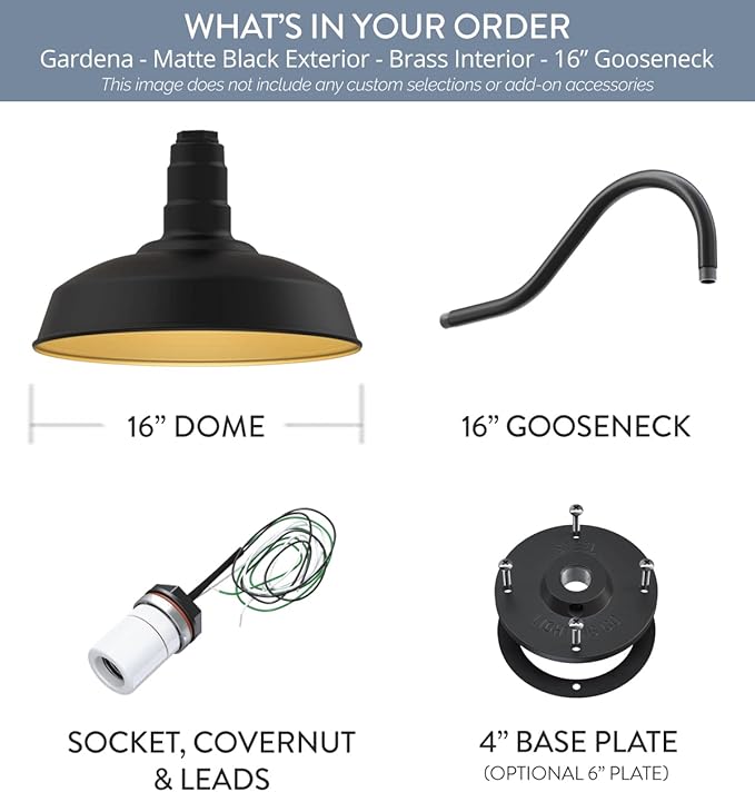 Steel Lighting Co. Gardena Barn Light | Outdoor Wall Mounted | 16 Dome | 16 Gooseneck | Farmhouse Light Made in America | Matte Black Exterior/Brass Interior