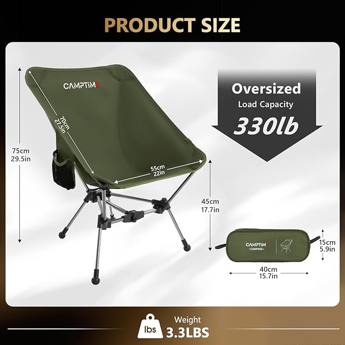 Portable Camping Chair Lightweight Compact Backpacking Chair with Side Pocket Wide Seat Folding Chair for Camping Hiking Beach - Supports 330Lbs Green