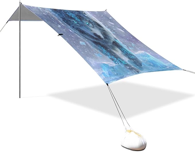 ALAZA Snow Wolf Beach Tent Sun Shelter UPF50+ Protection Beach Shade Canopy w/ 4 Sandbags for Outdoor Camping Fishing Backyard Fun Picnic 10x9 ft