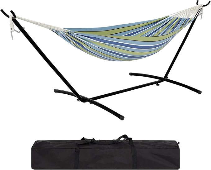 Premium 2-Person Hammock Set with Quick-Lock Steel Stand – Commercial-Grade Outdoor Lounger for Patio Camping &amp Backyard (500lb Capacity + Waterproof Carry Bag)Blue and Green Stripes
