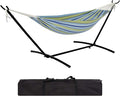 Premium 2-Person Hammock Set with Quick-Lock Steel Stand – Commercial-Grade Outdoor Lounger for Patio Camping &amp Backyard (500lb Capacity + Waterproof Carry Bag)Blue and Green Stripes