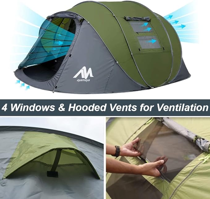 6 Person Easy Pop Up Tents for Camping - AYAMAYA Double Layer Waterproof Instant Tent with Vestibule &amp Porch Large Size Family Tent Automatic Setup for 4-6 People Camping Hiking (Poles Included)