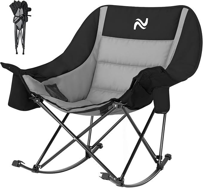 ABORON Oversized Rocking Camping Chair for Adults Fully Padded Folding Outdoor Lawn Chair with Cooler Bag &amp Side Pocket Portable Recliner Chair for Camp Patio Backyard Supports 400 lbs