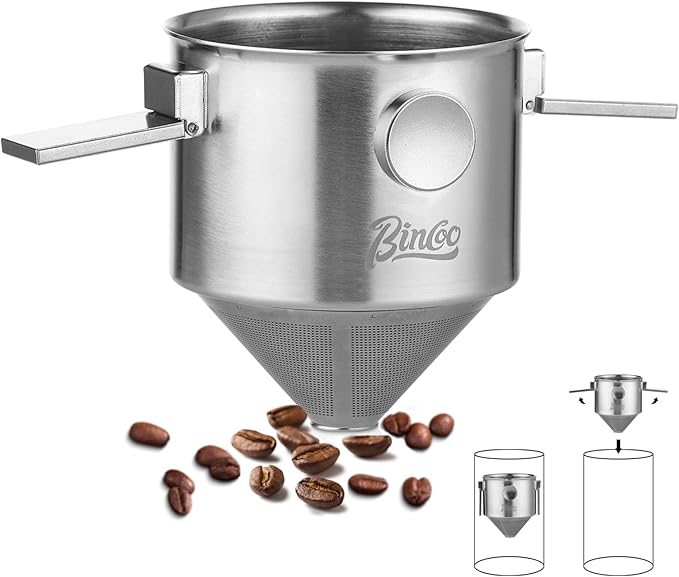Bincoo Pour Over Coffee Dripper Portable Stainless Steel Reusable Coffee Filter Mini Collapsible Paperless Single Serve 1-2 Cup Coffee Dripper Cup Easy To Clean For Travel Camping Offices