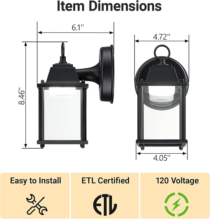 LIT-PaTH Outdoor LED Wall Lantern Wall Sconce as Porch Lighting Fixture 5000K Daylight White 9.5W 800 Lumen Aluminum Housing Plus Glass Black Finish 1-Pack