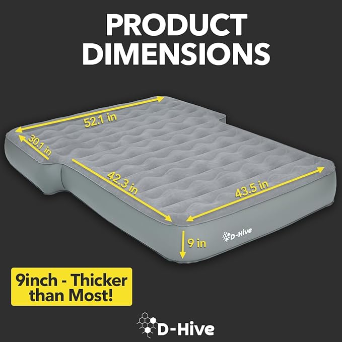 D-Hive SUV Air Mattress Ultra-Thick Material Extra-High Car Air Mattress SUV Mattress for Toyota 4runner Car Mattress w/Built-in Pump Inflatable Car Air Mattress Grey