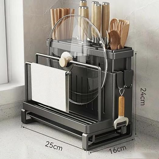 Kitchen Knife Block Organizer with Drip Tray | Ventilated Countertop Storage for Knives Cutting Boards &amp Pot Lids | Space Saving Keeps Dry(GrayB)