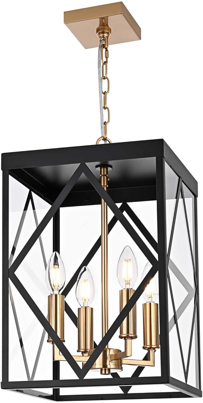 Outdoor Pendant Light for Porch 4-Light Modern Metal Exterior Hanging Lantern Pendant Light Outside Chandelier Black with Clear Glass or Front Porch Entrance Foyer Entryway Brass Socket