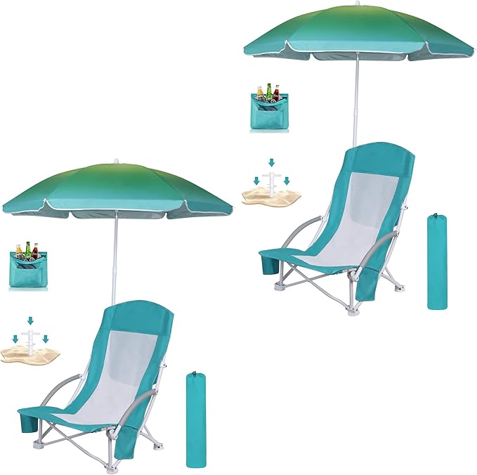 Beach Chair Beach Folding Chair for Adults Camping Chair High Back with Umbrella and Cooler Bag Huge Shade Portable &amp Lightweight for Beach Outdoor Camping (2 Bright Blue w/Hint Green)