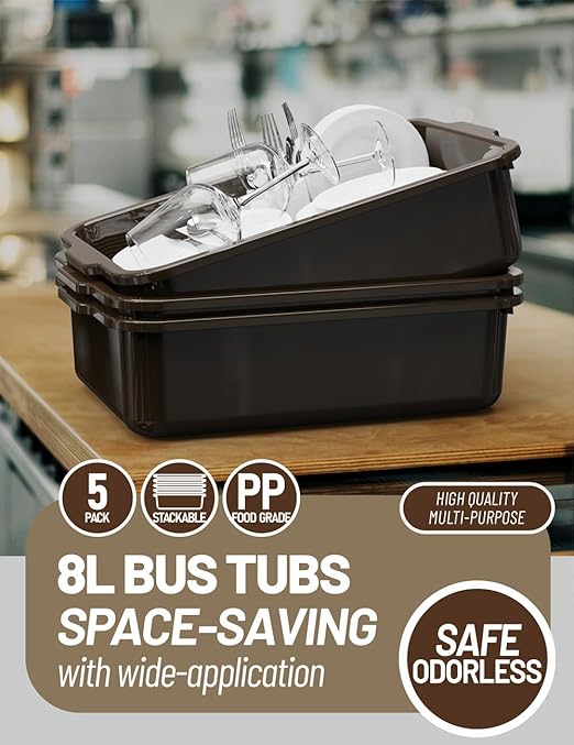 WYT 5-Pack Commercial Bus Tubs Box/Tote Box Brown Plastic Storage Bin with Handles/Wash Basin Tub (8 Liter)
