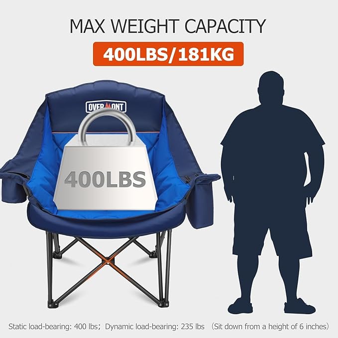 Overmont Oversized XL Camping Chair for Adults - 400lbs Support Heavy-Duty Padded Folding Chair with Side Pocket Cup Holder Cooling Bag for Outdoor Sports Garden Beach Fishing Lawn Blue 2pcs