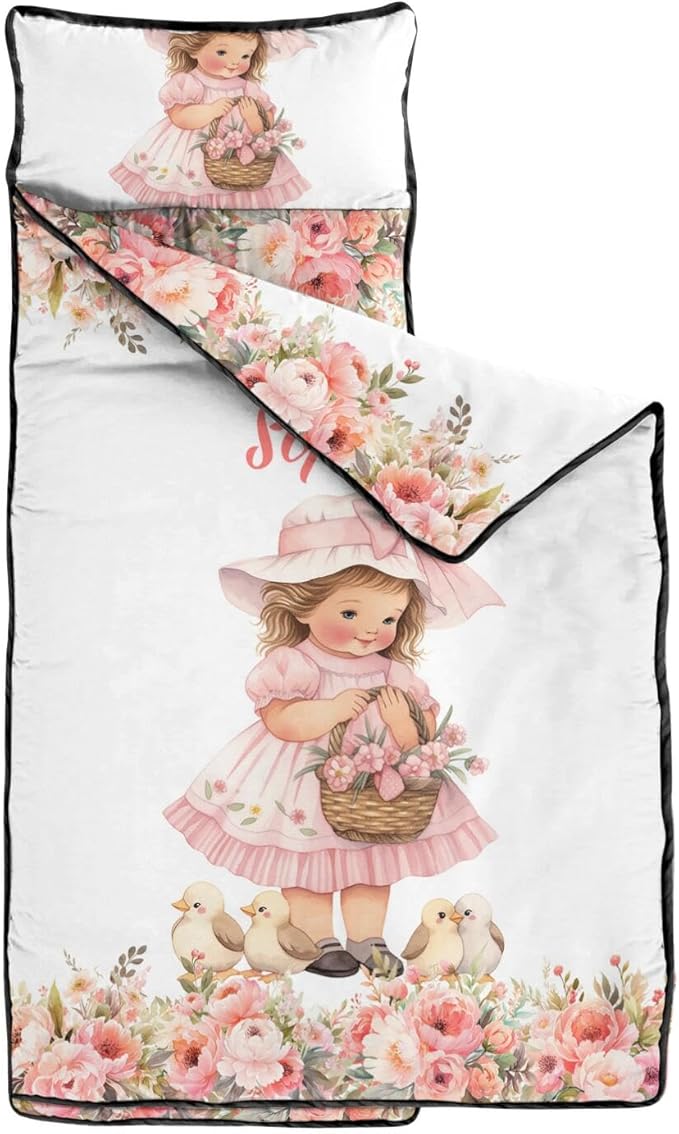 Custom Toddler Nap Mat with Name – Personalized Sleeping Bag for Kids with Pillow and Blanket Roll-Up Design