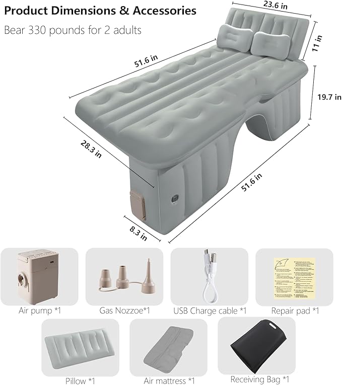 BEBAS Inflatable Car Air Mattress for Back Seat &amp SUV - All-in-One Design with Built-in Pump &amp Pillow Quick 1-Key Inflation/Deflation Comfort Portable Bed for Camping Travel Trucks | Gray